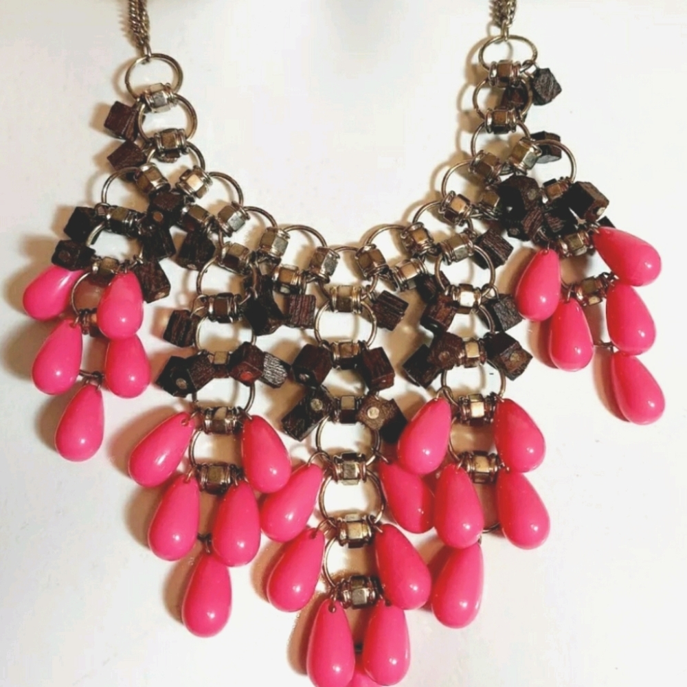 Vintage Mariam Haskell Wood Bead drop dangles bib statement necklace Y2k